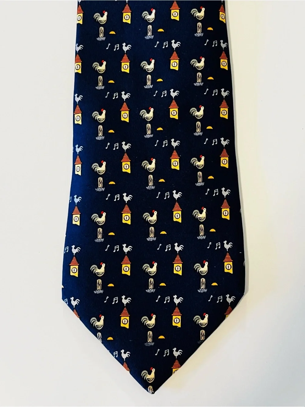 HERMES 7871 UA Mens Neck Tie 100% Silk Vintage France Rooster Clock Fathers Day